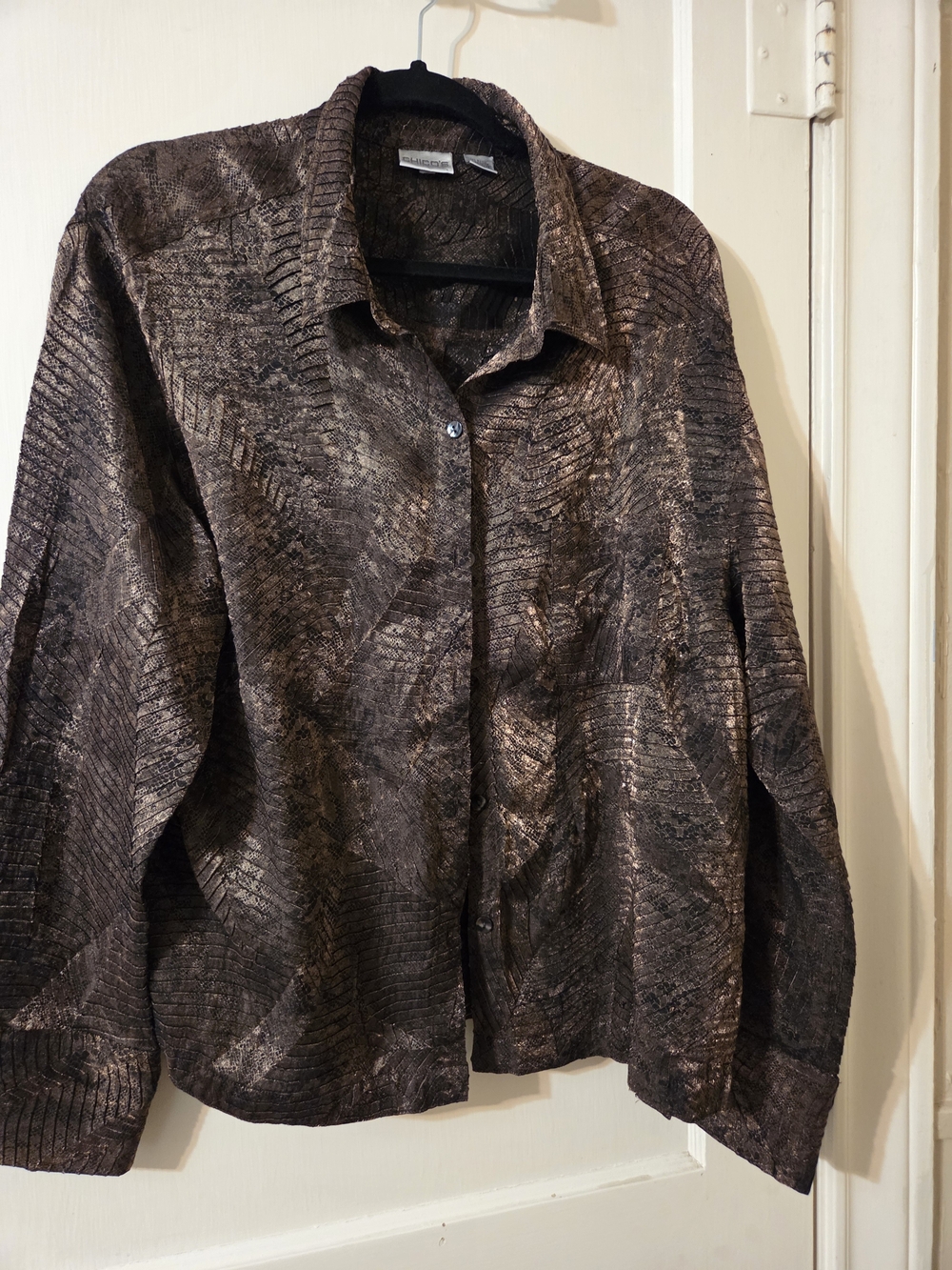 Chico's Textured Bronze and Black Button-Front Jacket